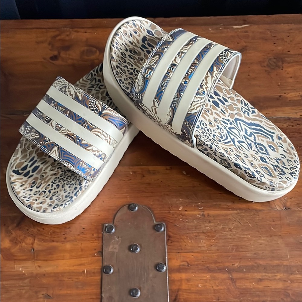 FARM Rio x Adidas Cream and Blue Platform Sandals